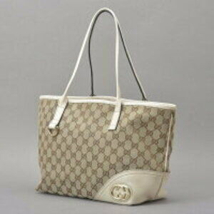 Gucci Bag Canvas Beige Tan ae Double Tote Brit Shoulder White Leather GG